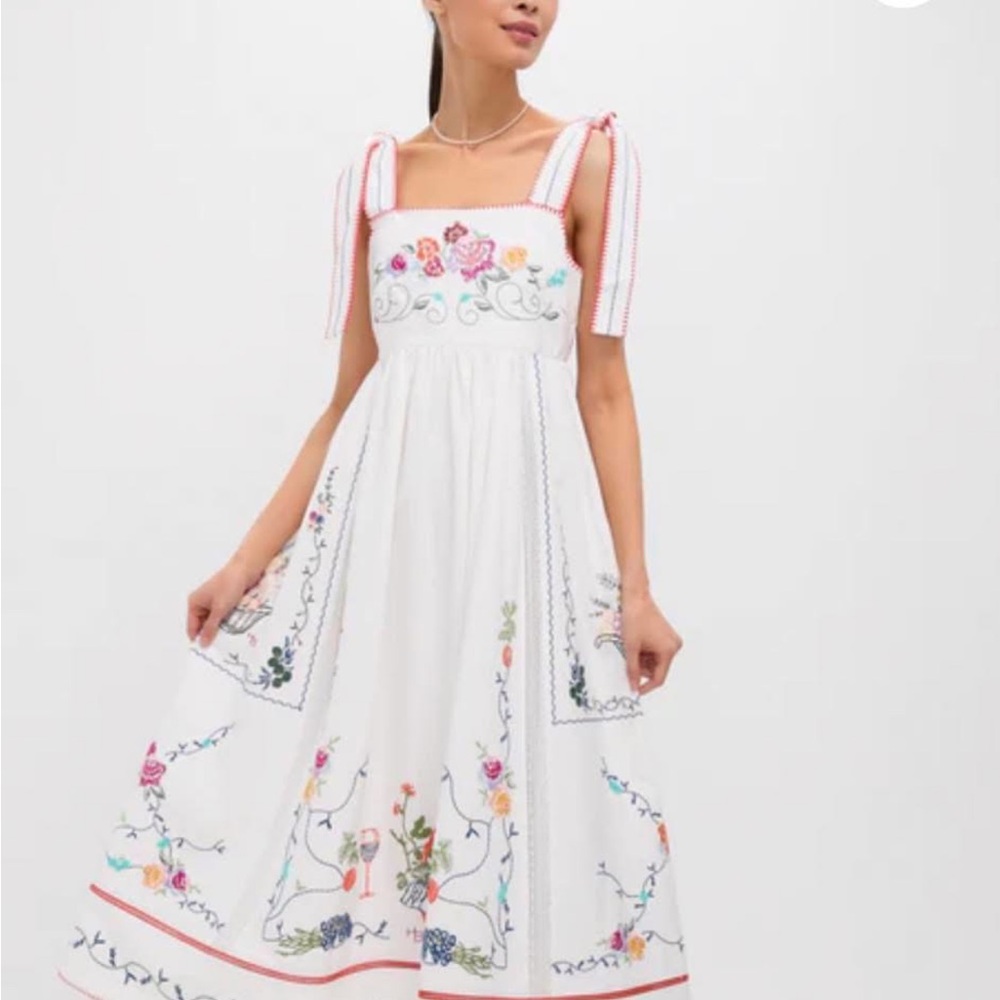 Hunter bell White Floral Embroidered Tie-Shoulder Midi Dress